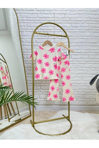 Kız Çocuk Pembe Çiçek Desenli Fitilli Kumaş T-shirt Tayt İspanyol Alt Üst Takım Pembe