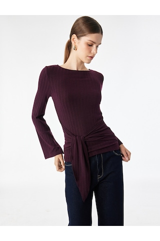 Koton Slim Fit Bisiklet Yaka Bağlama Detaylı Uzun Kollu Bluz Bordo 7wak80014pk