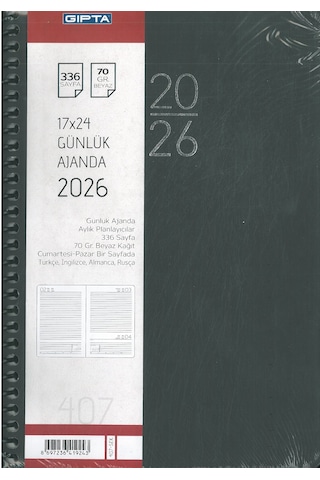 Gıpta 2026 Ajanda Günlük Spiralli 17x24 407 Siyah Hafta Sonları Birleşik Siyah