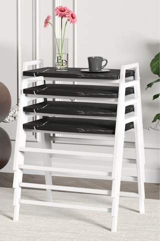 Zigon Sehpa , Aden 4'lü Tepsi Zigon Sehpa Takımı Beyaz Metal - Siyah Mermer Tabla Beyaz-siyah Mermer