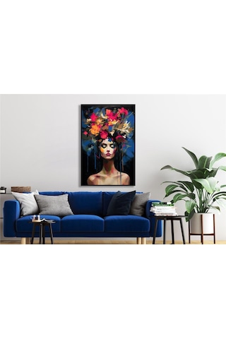 Yağlı Boya Dokulu Tablo Modern Çiçek Saçlı Kadın Siyah Çerçeveli U05013-178965