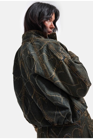 Kadın Koyu Kot T-9w6-8 Oversize Bomber Özel Desen Taş Tasarım Denim Ceket