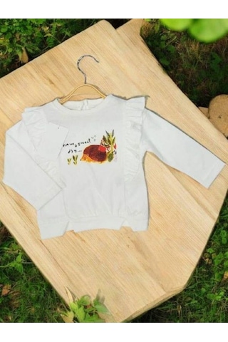 Kız Bebek Pamuklu İnce Uzun Kollu Kirpi Desenli Bluz-14898 Ekru