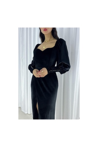 Lior Design Kadın Vintage Kadife Kumaş Kare Yaka Yırtmaçlı Abiye Elbise Siyah