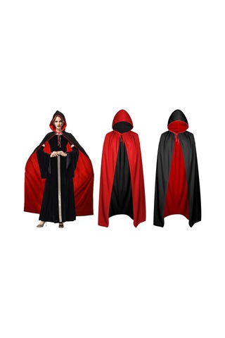 Çift Taraflı Kullanılabilir Siyah Kırmızı Kapişonlu Pelerin 140 Cm Yetişkin