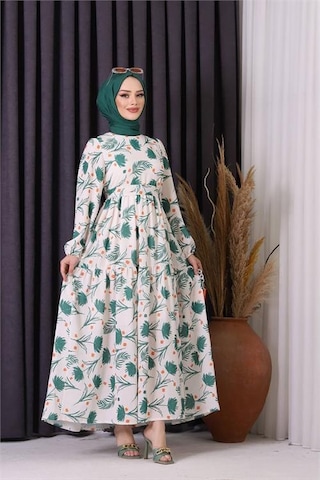 Neşeli Butik Kadın Keten Desenli Tesettür Elbise Sms002 - Yeşil Yeşil