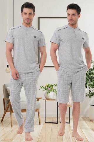 Mecit 2980 Gri Büyük Beden 3 Parça Erkek Şortlu Pijama Takımı Gri