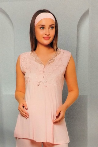 Flz Pijama 3'lü Dantelli Lohusa Pijama Takımı Pudra