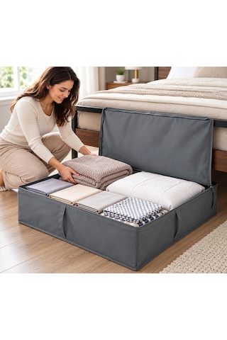 Baza Altı Kapaklı Saklama Hurcu 93x55x19 Cm Gri Çok Amaçlı Yorgan, Nevresim Ve Kıyafet Düzenleyici Organizer