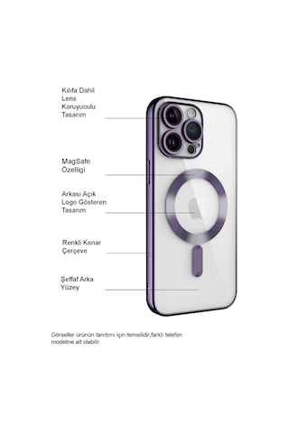Apple Uyumlu iPhone 12 Pro Mag Safe Özellikli Lens Korumalı Logo Gösteren Şeffaf Silikon Kılıf - Mor