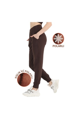 Kadın Koyu Kahve Polarlı Kışlık Eşofman Altı Jogger Yüksek Bel Şardonlu Dalgıç 1062 Koyu Kahve