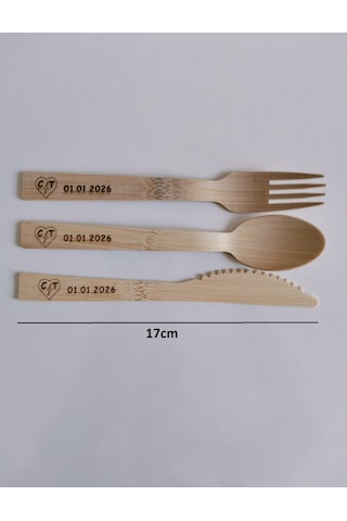 İsme Özel Tasarımlı Ahşap Bambu Kullan At Çatal Kaşık Bıçak Seti 24 Adet 17 Cm 8 Çatal +8 Kaşık +8 Bıçak Bej