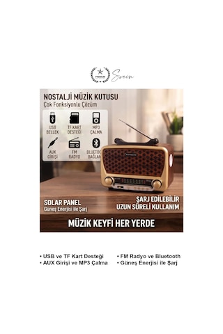 Nostaljimüzikkutusu Solar Panelli Şarjlı Bluetooth Hoparlör Retro Radyo Fm Am Sw Usb Tf Kart Aux Gi