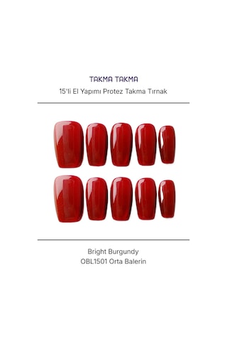 15'li Bordo Orta Balerin Obl1501 Tekrar Kullanılabilir El Yapımı Protez Takma Tırnak S