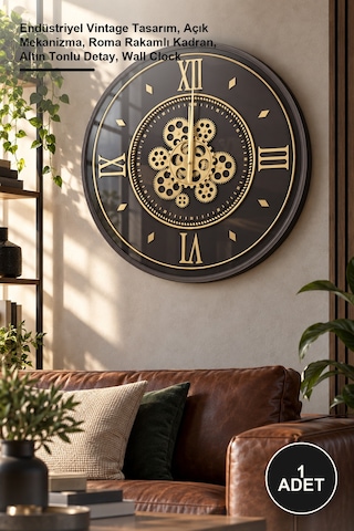 1 Adet Çarklı Duvar Saati 55 Cm Endüstriyel Vintage Tasarım, Açık Mekanizma, Roma Rakamlı Kadran, Altın Tonlu Detay, Wall Clock
