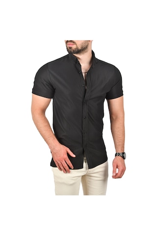 Deepsea Erkek Siyah Slim Fit Likralı Spor Gömlek Dar Kesim Jakar Kumaş Kısa Kol Gömlek 2500804 Siyah