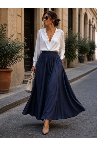 Seldağ Moda Gabardin Gizli Cepli Düz Lacivert Renk Beli Lastikli 95 Cm Boy Maxi Kloş Etek