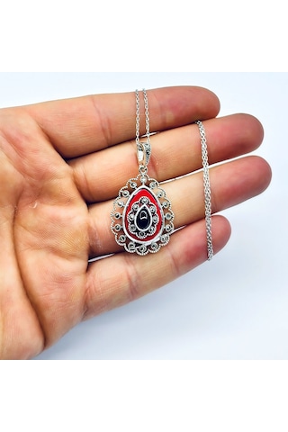 Damla Model Mine Ve Oltu Taşı İşçilikli 925 Ayar Gümüş Kolye Kırmızı