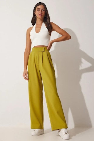 Trend Alisse Kadın Yağ Yeşili Beli Cırt Cırtlı Pileli Bol Paça Palazzo Pantolon Wide Leg Yeşil