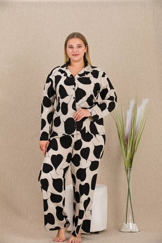 Naam Büyük Beden Siyah Beyaz Kalp Desenli Düğmeli Uzun Kol Viskon Pijama Takımı Çok Renkli