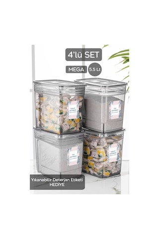 Meleni Home 4'lü Set - 5,5 Litre Jumbo Lena Toz Tablet Deterjan Saklama Kabı - Etiketli Kapaklı Saklama Kutusu