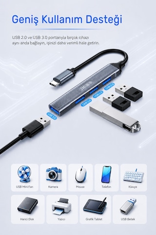 Type-c 4 Port Usb Hub Çoklayıcı, 1 Usb 3.0 Ve 3 Usb 2.0 Girişli Otg Adaptör, Klavye Mouse Usb Bellek Harici Disk Uyumlu, Alüminyum Gövde, Mac Windows Linux N613