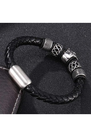 Moda Klasik Aslan Kafası Tokalı Deri Bileklik Erkekler İçin Günlük Punk Takı Hediye Siyah