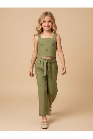 Zekids Kız Çocuk Taş Detaylı Crop-17156 Yeşil