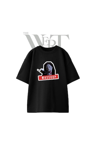 Thewert Wassuup Meme Tasarım Baskılı Ünisex Siyah Oversize T-shirt