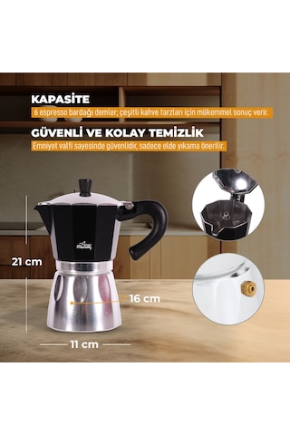 Any Morning Hes-6 Espresso Kahve Makinesi Alüminyum Moka Pot 240 Ml Siyah
