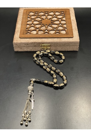 Onurlu Tesbihane Golden Rozalin Uçak Camı Tesbih Siyah 8x12 Mm Erkek Tesbihi Gümüş