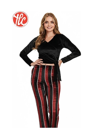 Gd Goldoremi 89-519 Kadın Kadife Yandan Bağlamalı Çizgili Uzun Kollu Pijama Takım Bordo