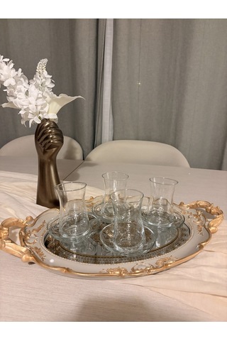 Oval Aynalı Kulplu Dekoratif Tepsi Vizon & Altın Varaklı 48x29 Cm