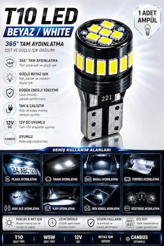 T10 W5w Beyaz Led Ampul Canbus Hatasız 360 Ultra Parlak Park Plaka İç Aydınlatma 1 Adet