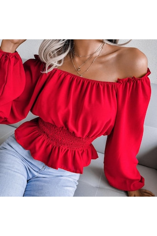 İlkbahar Ve Sonbahar Kadın Bluz Uzun Kollu Seksi Tek Boyun Straplez Hem Fırfır Şifon Bluz Tops Kırmızı