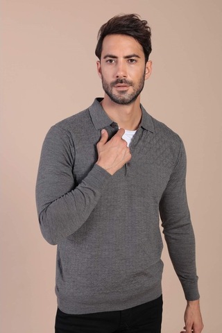 Ferraro Polo Yaka Superfine Yün Kazak - Gri Gri