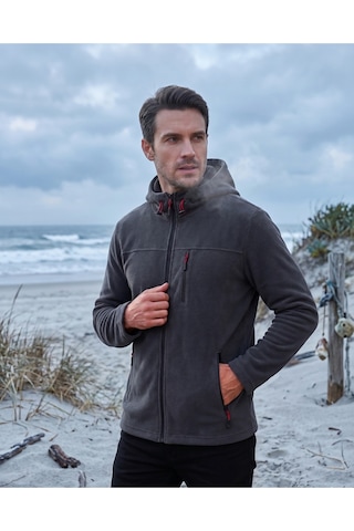 Luxıc Core Erkek Kapüşonlu Koyu Gri Polar 3 Cepli Fermuarlı Sıcak Tutan Kışlık Outdoor Hoodie Günlük Stilpro
