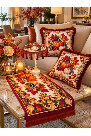 Missidea Autumn Luxury Desenli Dekoratif Masa Üstü Lambası Bali Şemsiyesi Seti Şemsiye + Runner + 2 Li Kırlent Kılıfı Çok Renkli