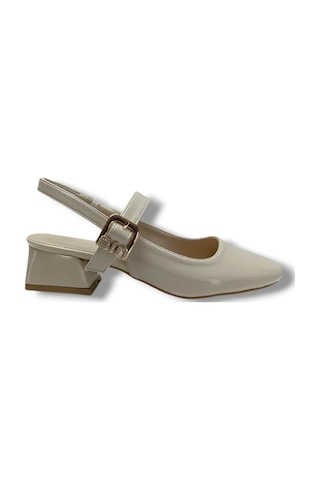 Ceylan Shoes 315-26 Kırışık Rugan Deri Kısa Kare Topuk Arkası Açık Kadın Ayakkabı Bej