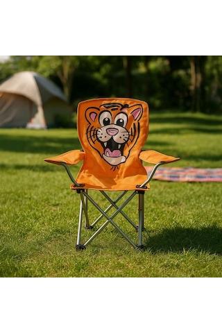 Kpm Katlanır Kaplan Desenli Çocuk Kamp Sandalyesi - Turuncu Turuncu
