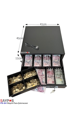 6 Banknot Gözlü Yazarkasa Pos Bağlantılı Ve Anahtardan Açılır Büyük Para Çekmecesi 41x41x11cm
