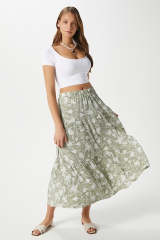 Kadın Caty Bel Lastikli Haki Krem Uzun Etek Yeşil