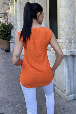 WeShaya Kadın Turuncu Kalın Askılı, Kare Yaka, Salaş Keten Bluz Turuncu