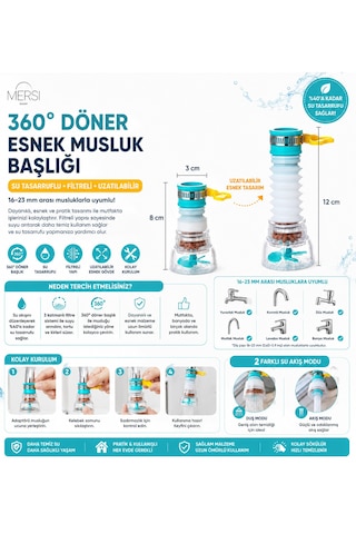360 Döner Uzatılabilir Musluk Başlığı Su Tasarruflu Filtreli Esnek Musluk Aparatı 16-23 Mm 1