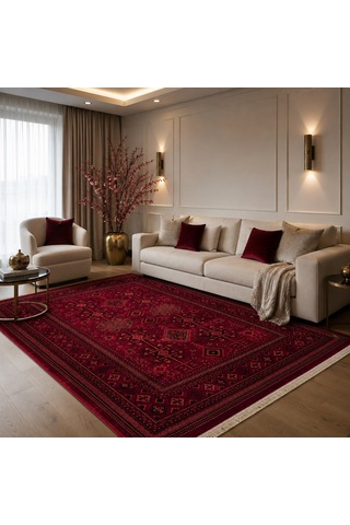 Afgan Türkmen Otantik Desenli Dokuma Salon Ve Oturma Odası Halısı Bordo