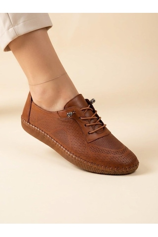 Beren Hakiki Deri Taba Kadın Yürüyüş Ayakkabı Lazer Delikli Ortopedik Taban Elastik Bağcıklı Comfort Sneaker