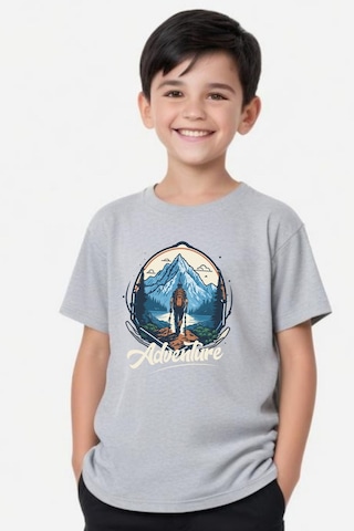 Panios Kids Adventure Baskılı Erkek Çocuk Yuvarlak Yaka Kısa Kollu T-shirt Gri