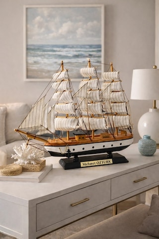 İsime Kişiye Özel Dekoratif Premium Ahşap El Yapımı Yelkenli Gemi Maketi 50 X 50cm Biblo Hediye 533c
