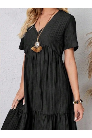 Kadın Kısa Kollu V Yakalı Fırfırlı Bürümcük Elbise Siyah
