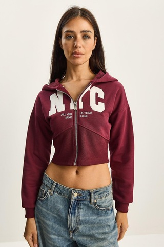 Shade Kadın Nyc Nakışlı Üç İplik Şardonlu Kapüşonlu Crop Hırka 6942 60283794 - Bordo